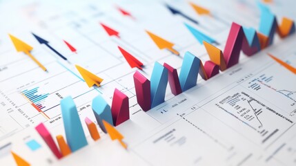 Poster - A D-rendered stock market chart with arrows pointing upward and downward, symbolizing the highs and lows of market trends, isolated on a white background.