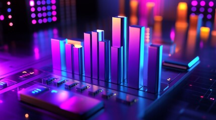 Poster - A D bar chart with metallic, gradient bars rising from a financial graph, showing growth and progress, with a modern digital interface in the background