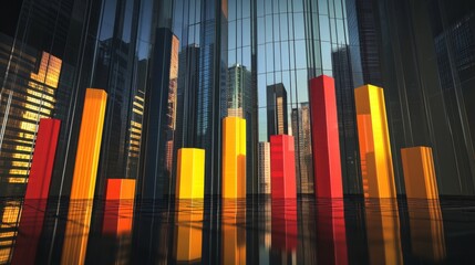 Aufkleber - A D bar graph with tall, glossy pillars in various colors rising from a reflective surface, symbolizing financial growth and performance analysis