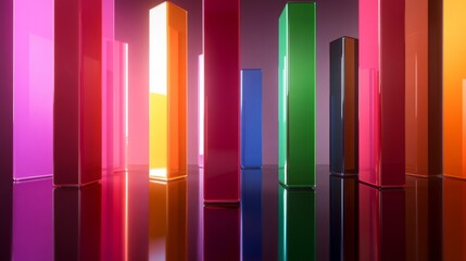Aufkleber - A D bar graph with tall, glossy pillars in various colors rising from a reflective surface, symbolizing financial growth and performance analysis