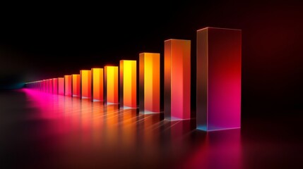 Fototapete - A D financial bar chart with sleek, glowing bars rising dramatically against a dark backdrop, with subtle light effects highlighting the data