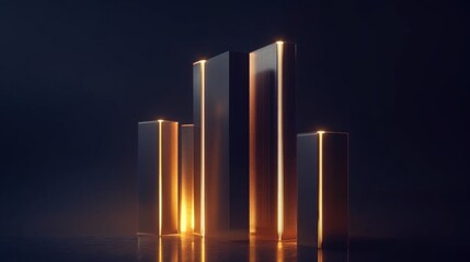 Fototapete - A D financial bar chart with sleek, glowing bars rising dramatically against a dark backdrop, with subtle light effects highlighting the data