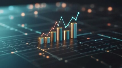 Leinwandbilder - A D financial graph with rising bars and an upward trending line chart, with metallic textures and subtle lighting effects, floating in digital space