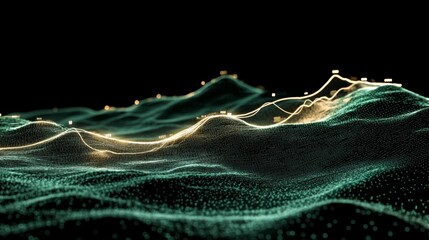Poster - A D financial line graph with smooth, curving lines connecting glowing points, showing a steady upward trend against a dark digital landscape