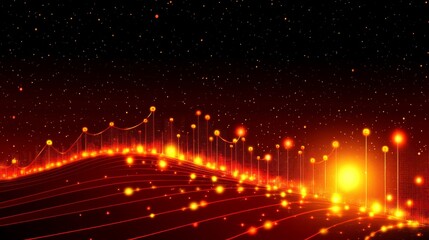 Poster - A D financial line graph with smooth, curving lines connecting glowing points, showing a steady upward trend against a dark digital landscape