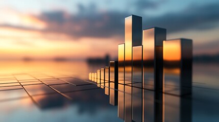 Aufkleber - A D stacked bar chart with metallic bars in ascending order, placed on a reflective surface, highlighting financial progress in a clean, minimalist design