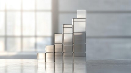 Aufkleber - A D stacked bar chart with metallic bars in ascending order, placed on a reflective surface, highlighting financial progress in a clean, minimalist design