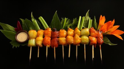 Wall Mural - A beautifully arranged platter of chicken wings coated in various sauces, including buffalo and barbecue, accompanied by celery sticks and dipping sauce