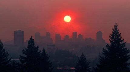 Fototapete - A city skyline shrouded in a thick, orange haze from wildfire smoke, with a glowing, red sun barely visible through the polluted atmosphere