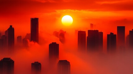Fototapete - A city skyline shrouded in a thick, orange haze from wildfire smoke, with a glowing, red sun barely visible through the polluted atmosphere