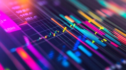Fototapete - A close-up of a financial graph with colorful bar charts and line graphs, with an emphasis on data visualization and financial performance metrics.