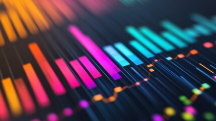Fototapete - A close-up of a financial graph with colorful bar charts and line graphs, with an emphasis on data visualization and financial performance metrics.