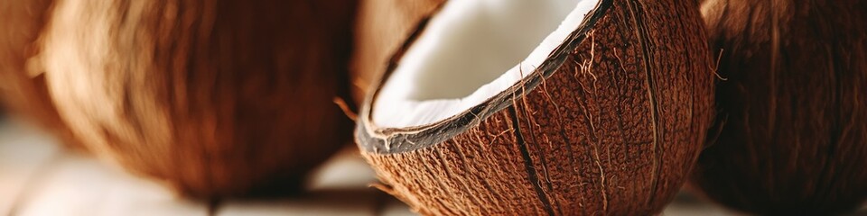 Wall Mural - Group of coconuts arranged on a wooden surface, ready for use or display