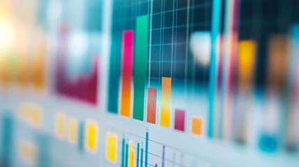 Fototapete - A close-up of a financial graph with colorful bar charts and line graphs, with an emphasis on data visualization and financial performance metrics.