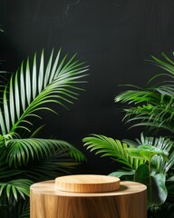 Wall Mural - Round wooden pedestal podium with a smaller platform on top, surrounded by vibrant tropical plants against a dark background. Perfect for product display or branding