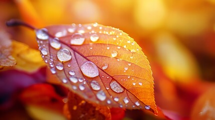 Fototapete - A close-up of a leaf with dew drops on a colorful autumn background, highlighting the contrast between the fresh droplets and fallen leaves.