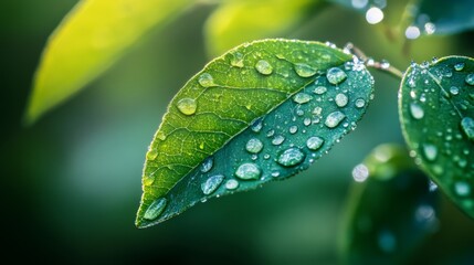 Poster - A close-up of a leaf with dew drops captured in soft morning light, with the droplets reflecting the surrounding environment and adding depth to the image.