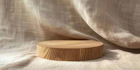 Wall Mural - Round wooden pedestal podium set against softly draped beige fabric with natural folds. Warm lighting and shadows create an elegant, minimalist display setting