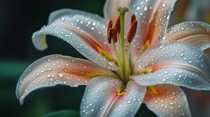 Poster - A close-up of a lily with dew drops on its petals, the water droplets enhancing the flower's natural beauty and intricate details.