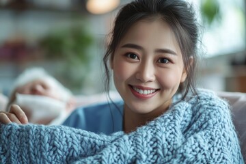 Cheerful asian nurse smiling and covering a blanket to elderly in nursing home