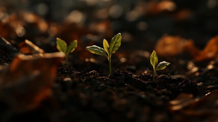 Poster - A close-up of small green saplings growing in dark, rich soil, surrounded by fallen leaves, symbolizing the start of a reforestation effort