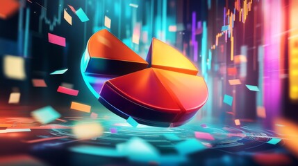 Poster - A colorful D pie chart with individual segments floating in mid-air, surrounded by a soft glow, symbolizing financial data distribution