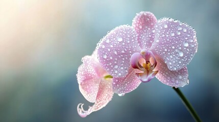 Poster - A delicate orchid with dew drops on its petals, captured in soft morning light, highlighting the elegance and freshness of the flower.