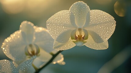 Poster - A delicate orchid with dew drops on its petals, captured in soft morning light, highlighting the elegance and freshness of the flower.