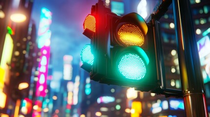 Poster - A detailed shot of a traffic light displaying the green signal, with reflections from nearby buildings and the bright sky creating a lively atmosphere