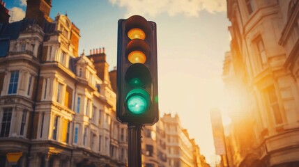 Poster - A detailed shot of a traffic light displaying the green signal, with reflections from nearby buildings and the bright sky creating a lively atmosphere