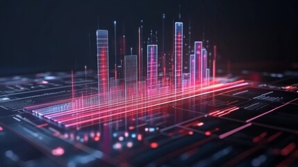 Aufkleber - A dynamic D bar chart with translucent bars in different heights, hovering over a futuristic financial dashboard with glowing elements