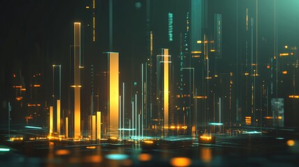 Aufkleber - A dynamic D bar chart with translucent bars in different heights, hovering over a futuristic financial dashboard with glowing elements