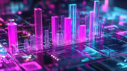 Aufkleber - A dynamic D bar chart with translucent bars in different heights, hovering over a futuristic financial dashboard with glowing elements