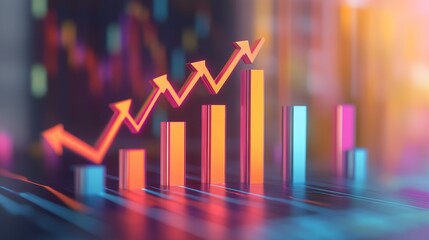 Poster - A dynamic D bar graph with arrows pointing upward, set against a gradient background, symbolizing data trends, economic growth, and financial success.