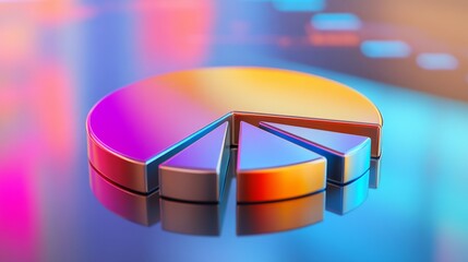 Poster - A dynamic D pie chart with metallic segments, arranged on a reflective surface, representing financial data and business performance.