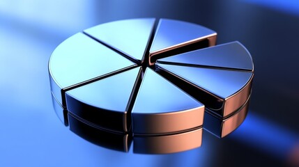 Aufkleber - A dynamic D pie chart with metallic segments, arranged on a reflective surface, representing financial data and business performance.