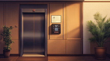 Open and closed elevator doors in office hallway. Vector realistic empty modern interior with lift, metal panel with buttons and floor display on wall in hall of hotel or house