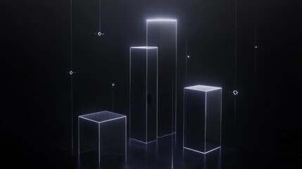 Fototapete - A financial bar chart with translucent bars in ascending order, placed on a dark, sleek background with glowing data points floating around