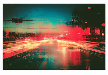 A grainy, glitched, and distorted photograph of neon rainbow lights reflecting on wet asphalt at night.