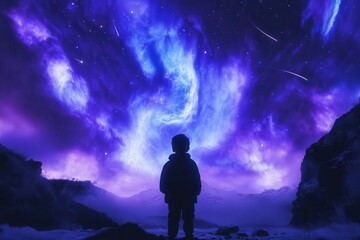 Wall Mural - a dreamy nightscape with a silhouetted child gazing upward, surrounded by swirling cosmic clouds, sh