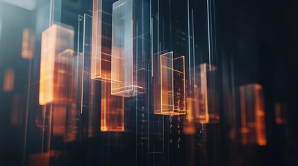Fototapete - A futuristic D bar graph floating in space, with transparent bars of different heights, set against a dark background, symbolizing high-tech data visualization.