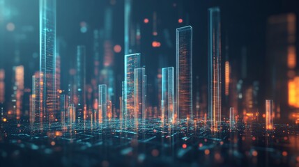 Fototapete - A futuristic D bar graph floating in space, with transparent bars of different heights, set against a dark background, symbolizing high-tech data visualization.