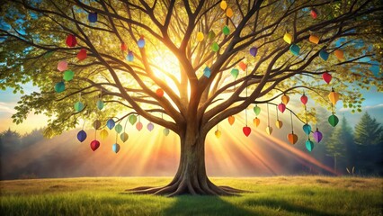 Poster - Enchanted Tree of Vivid Hues at Sunrise A Serene Landscape of Hanging Ornaments