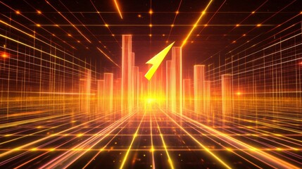 Aufkleber - A futuristic D bar chart with tall, glowing columns and an upward trending arrow, hovering over a dark digital background filled with grid patterns