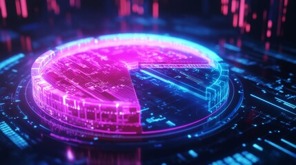 Poster - A futuristic D pie chart with glowing neon segments, rotating in a digital space, symbolizing modern data visualization and business analytics.