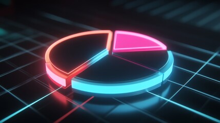 Leinwandbilder - A futuristic D pie chart with floating segments, each glowing with neon lights, set against a dark grid background, representing financial data visualization