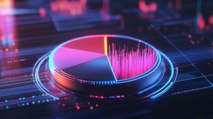 Poster - A futuristic D pie chart with glowing neon segments, rotating in a digital space, symbolizing modern data visualization and business analytics.