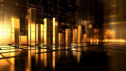 Fototapete - A futuristic financial bar chart with glowing bars in metallic tones, displayed on a reflective surface with subtle digital elements in the background