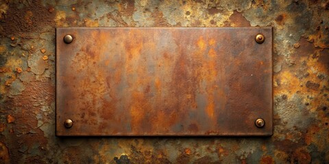 Wall Mural - Rustic Metal Plate Affixed to a Weathered Surface with Distinctive Textural Details and a Rich Color Palette Ideal for Design Applications