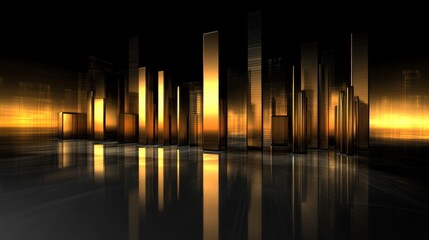 Fototapete - A futuristic financial bar chart with glowing bars in metallic tones, displayed on a reflective surface with subtle digital elements in the background